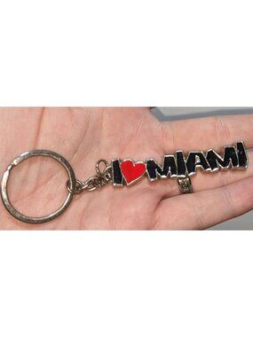 I Love Miami Keychain Red Heart & Black Text Silver-Tone Metal Souvenir